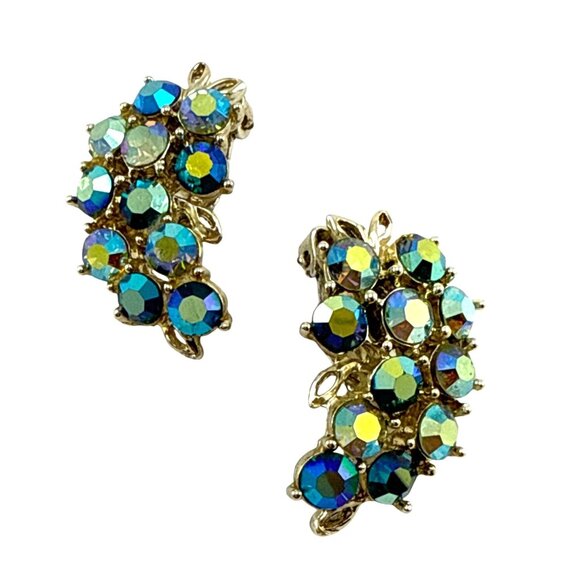 Vintage Aurora Borealis Rhinestone Necklace & Earrings Set Gold Tone Floral Clus - Picture 8 of 14